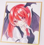 1girl bat_wings black_vest fang fang_out finger_to_face fingernails hair_between_eyes hand_up head_wings highres koakuma light_smile looking_to_the_side moni_monico necktie pink_eyes red_hair red_necktie shirt solo touhou traditional_media upper_body vest white_shirt wing_collar wings 