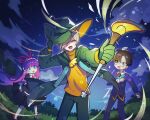  1girl 2boys absurdres blue_eyes blush bow closed_eyes feli_(puyopuyo) glasses green_eyes green_headwear grey_hair hat highres holding holding_wand klug_(puyopuyo) lemres_(puyopuyo) long_hair looking_at_another multiple_boys night night_sky offbeat purple_hair puyopuyo puyopuyo_fever red_bow sky wand wizard_hat 