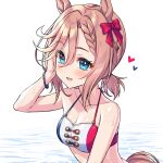  1girl animal_ears bikini blue_eyes blush breasts cleavage commentary_request hair_between_eyes hair_ornament heart highres horse_ears horse_girl horse_tail medium_breasts medium_hair ocean portrait ribbon short_twintails solo swimsuit tail tomo_(tmtm_mf_mf) twintails umamusume venus_park_(umamusume) white_background 