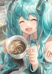  1girl aqua_hair bare_shoulders beamed_eighth_notes black_sleeves closed_eyes coffee commentary cup detached_sleeves foreshortening from_above hair_ornament hatsune_miku highres himukai_aoi holding holding_cup keyboard_(computer) latte_art lips long_hair looking_at_viewer musical_note necktie open_mouth quarter_note sheet_music shirt shoulder_tattoo sleeveless sleeveless_shirt smile solo tattoo teacup teeth twintails upper_teeth_only variant_set very_long_hair vocaloid white_shirt 