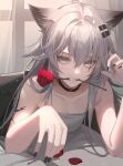  1girl animal_ears arknights bare_shoulders black_choker black_nails choker flower grey_eyes grey_hair grin highres indoors kernel_killer lappland_(arknights) long_hair looking_at_viewer mouth_hold nail_polish oripathy_lesion_(arknights) red_flower red_rose revision rose smile solo strapless teeth_hold tube_top wolf_ears 