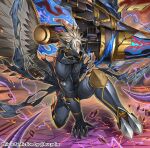  1boy arm_support armor bird_boy black_bodysuit bodysuit commentary duel_monster feathered_wings half_mask highres holding holding_weapon hucydin looking_at_viewer male_focus mask on_one_knee plague_doctor_mask single_wing spiked_hair tri-brigade_arms_bucephalus_ii tri-brigade_shuraig_the_ominous_omen twitter_username weapon white_hair wings yu-gi-oh! 