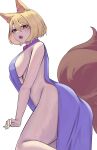  1girl animal_ears blonde_hair blue_tabard breasts commentary_request fox_ears fox_tail from_below highres legs medium_breasts mirufui multiple_tails naked_tabard no_headwear open_mouth orange_eyes short_hair sideboob simple_background solo tabard tail teeth touhou upper_teeth_only white_background yakumo_ran yellow_eyes 
