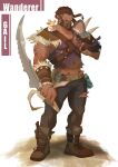  1boy animal_on_shoulder bara boots brown_footwear brown_hair check_copyright copyright_request covered_nipples dark-skinned_male dark_skin facial_hair feeding full_body goatee groin highres holding holding_sword holding_weapon large_hands large_pectorals linrz_aran long_hair looking_at_viewer male_focus midriff_peek mouse muscular muscular_male navel_hair original pants pectorals scar shoulder_spikes solo spikes standing sword torn_clothes torn_pants undercut weapon 