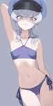  1girl :3 absurdres arm_behind_head armpits bikini blue_archive blue_bikini breasts collarbone commentary_request criss-cross_halter grey_eyes grey_hair hair_between_eyes halterneck hat highres looking_at_viewer low_twintails medium_hair navel nogami_(minamiituki) official_alternate_costume peaked_cap police police_uniform policewoman side-tie_bikini_bottom sidelocks simple_background sleeveless small_breasts solo stomach swimsuit twintails uniform valkyrie_police_academy_student_(blue_archive) 