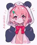  1girl ahoge animal_hood bow bowtie clenched_hands collared_shirt fang hair_ornament highres hood hood_up hooded_jacket jacket nijisanji nopnop_chan open_clothes open_jacket panda_hood pink_bow pink_bowtie pink_eyes pink_hair sasaki_saku sasaki_saku_(1st_costume) shirt short_hair simple_background skin_fang smile solo star_(symbol) translated virtual_youtuber white_background 