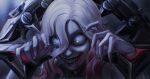  1girl artist_name blood blood_from_mouth blurry blurry_background briar_(league_of_legends) chained_wrists colored_skin fingernails grey_background grey_eyes grey_hair grey_skin grin hair_between_eyes hands_up highres horror_(theme) league_of_legends looking_at_viewer multicolored_hair no_pupils noctysart pink_hair pointy_ears portrait sharp_fingernails sharp_teeth smile solo teeth two-tone_hair upper_body vampire 