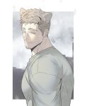  109ddong 1boy absurdres animal_ears bara beard closed_eyes facial_hair grey_hair grey_sweater highres light_smile male_focus original short_hair solo sweater thick_eyebrows white_background wolf_ears 