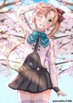  1girl ;) akigumo_(kancolle) black_gloves blue_ribbon bow brown_hair cherry_blossoms gloves green_eyes hair_bow hair_ribbon highres kantai_collection long_hair mizuki_(uzuki_no_sato) one_eye_closed ponytail ribbon school_uniform skirt smile very_long_hair 