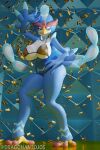  3d_(artwork) absurd_res anatid anseriform avian bikini bird blender_(software) blue_background blue_body blue_eyes breasts bunny_costume clothing confetti costume digital_media_(artwork) dragonantojos duck female generation_9_pokemon gold_(metal) gold_jewelry hi_res jewelry leggings legwear lingerie looking_at_viewer nintendo nipples pink_nipples pokemon pokemon_(species) quaquaval simple_background solo swimwear 