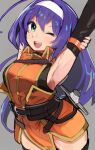  1girl ahoge arm_behind_head arm_up armpits cowboy_shot elbow_gloves fire_emblem fire_emblem:_path_of_radiance fire_emblem:_radiant_dawn gloves green_eyes hairband highres hirotaka_(hrtk990203) mia_(fire_emblem) one_eye_closed open_mouth purple_hair sleeveless solo sword weapon white_hairband 