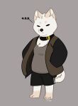  anthro bottomwear canid canine canis chubby_anthro chubby_male clothing coat collar curled_tail domestic_dog eyes_always_closed eyes_closed fur hands_in_both_pockets hi_res male mammal possumgod rico_(possumgod) shiba_inu shirt shorts solo spitz stocky tan_body tan_fur tank_top topwear white_body white_fur 