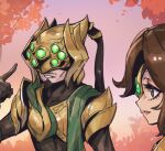  1boy 1girl bodysuit brown_bodysuit brown_gloves brown_hair character_request covered_collarbone day extra_eyes facial_hair gloves goatee grin hand_up league_of_legends long_hair master_yi outdoors phantom_ix_row ponytail shoulder_plates smile teeth upper_body 
