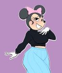  absurd_res accessory anthro blush bow_ribbon clothed clothing disney female gloves grin hair_accessory hair_bow hair_ribbon handwear hi_res looking_at_viewer lovetopullmicke mammal midriff minnie_mouse mouse murid murine purple_background ribbons rodent simple_background smile solo 