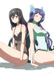 2girls absurdly_long_hair back-to-back black_hair black_one-piece_swimsuit blue_hair breasts brighid_(xenoblade) brown_eyes cleavage cleavage_cutout closed_eyes closed_mouth clothing_cutout collarbone facing_viewer green_one-piece_swimsuit kageyasu long_hair looking_at_viewer looking_back medium_breasts morag_ladair_(obligatory_leave)_(xenoblade) morag_ladair_(xenoblade) multiple_girls one-piece_swimsuit purple_hair shadow simple_background sitting small_breasts smile swimsuit very_long_hair white_background xenoblade_chronicles_(series) xenoblade_chronicles_2 
