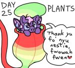  ambiguous_gender baby_talk carnivorous_plant dialogue english_text feral fluffy_pony fluffy_pony_(species) fur hair pink_hair pitcher_plant plant purple_body purple_fur simple_background solo squeakyfriend text white_background 