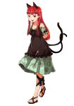  1girl :d adapted_costume alternate_hairstyle animal_ears arms_behind_back bare_shoulders black_footwear blunt_bangs breasts cat_ears cat_tail dress extra_ears full_body green_dress hair_behind_ear hair_down kaenbyou_rin light_blush long_hair looking_at_viewer medium_breasts multiple_tails nekomata off-shoulder_dress off_shoulder pointy_ears red_eyes red_hair sandals shimofuri sidelocks smile solo tail toes touhou two_tails very_long_hair 