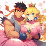  1boy 1girl ai-generated armlet arms_under_breasts bare_shoulders blonde_hair blue_eyes breasts cleavage crown earrings gloves hands_on_another&#039;s_waist headband hug huge_breasts jewelry muscular non-web_source princess_peach ryu_(street_fighter) self-upload simple_background sleeveless smile super_smash_bros. white_gloves 