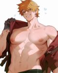  1boy abs black_gloves blonde_hair chariko earrings genshin_impact gloves heart heart_background jacket jewelry male_focus muscular muscular_male navel open_clothes pectorals puffy_nipples red_jacket smile solo sweatdrop tartaglia_(genshin_impact) white_background 