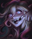  1girl briar_(league_of_legends) cheek_pull finger_in_own_mouth grey_eyes grey_hair hair_between_eyes highres league_of_legends long_hair looking_at_viewer moondustina multicolored_hair open_mouth pointy_ears portrait pulling sharp_teeth smile solo teeth vampire 