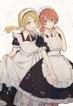  2girls apron black_dress blonde_hair collared_shirt cowboy_shot dress hand_up highres kame_(unaikodori) long_hair long_skirt maid maid_apron maid_headdress mole mole_under_mouth multiple_girls open_mouth red_eyes red_hair sano_emma shirt short_hair short_sleeves short_twintails skirt smile standing tachibana_hinata_(tokyo_revengers) tokyo_revengers twintails white_apron white_background yellow_eyes 