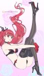  1girl black_bra bow bra breasts earrings flexible gloves hair_ribbon high_heels highres jewelry lace lace-trimmed_bra lace-trimmed_panties lace_trim leg_up lingerie long_hair looking_at_viewer panties persona persona_5 persona_5_the_royal poechan_chan ponytail red_eyes red_gloves red_hair ribbon smile solo stud_earrings thighhighs underwear underwear_only yoshizawa_kasumi 