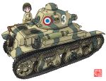  1girl bedroll belt buttons camouflage caterpillar_tracks cupola double-breasted emblem france french_army goggles goggles_on_head goggles_on_headwear grey_hair hat helmet looking_at_viewer m.wolverine military military_hat military_uniform military_vehicle motor_vehicle original peacoat purple_eyes r35 renault roundel sam_browne_belt signature simple_background soldier solo tank tank_cupola tank_helmet trench_coat uniform vehicle_focus white_background world_war_ii 