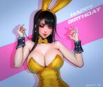  1girl absurdres animal_ears artist_name bare_shoulders black_collar black_hair black_wrist_cuffs blue_eyes bow bowtie brassica breasts collar collarbone dated fake_animal_ears fox_shadow_puppet haneame happy_birthday highres large_breasts leotard long_hair one_eye_closed original playboy_bunny rabbit_ears shadow solo two-tone_background upper_body wrist_cuffs yellow_bow yellow_bowtie yellow_leotard 