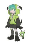  1girl animal_hands animification full_body gir_(invader_zim) gloves green_eyes green_hair green_hoodie highres hood hoodie humanization invader_zim looking_at_viewer opossumachine reference_inset simple_background solo standing stitches thighhighs tongue tongue_out white_background zipper zipper_pull_tab 