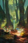  artist_logo artist_name blue_flower commentary english_commentary flower forest gem genel_jumalon highres jewelry master_sword nature no_humans outdoors planted planted_sword revision scenery sword the_legend_of_zelda tree watermark weapon 
