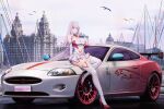  1girl absurdres azur_lane bare_shoulders blunt_bangs breasts car cleavage closed_mouth clothing_cutout cloud collarbone commentary day full_body highres jaguar_(car) kcar66t location_request looking_at_viewer motor_vehicle navel navel_cutout outdoors plymouth_(azur_lane) race_queen real_world_location sitting solo vehicle_request wariza 