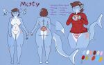  absurd_res anthro beverage big_breasts blue_body breasts brown_hair butt candy chocolate clothing coffee_mug dessert ear_piercing featureless_breasts featureless_crotch female fish fish_hook_piercing food gills greying_hair hair hi_res hot_chocolate marine misty_(r3znor_x) model_sheet panties pantsless_female piercing pink_clothing pink_panties pink_underwear r3znor_x red_clothing red_sweater red_topwear ring scar shark shark_tail solo sweater text thick_thighs topwear underwear 