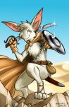  angrycontra anthro bat belt buckler clothing desert footwear gloves green_eyes handwear hi_res long_ears male mammal melee_weapon mostly_nude pouch_(anatomy) pouch_purse sandals scabbard shield solo sword tan_body turo_of_akesh weapon wingless_bat 