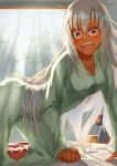  1girl bed blush dark_skin embarrassed fate/grand_order fate_(series) grey_hair inugami86 lakshmibai_(fate) long_hair looking_at_viewer open_mouth pajamas red_eyes solo sweatdrop 