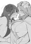  2girls bikini blush breasts byleth_(female)_(fire_emblem) byleth_(female)_(summer)_(fire_emblem) byleth_(fire_emblem) covered_nipples eye_contact fire_emblem fire_emblem:_three_houses fire_emblem_heroes flower from_side greyscale hair_flower hair_ornament hibiscus highres ikarin large_breasts long_hair looking_at_another monochrome multiple_girls official_alternate_costume parted_lips profile rhea_(fire_emblem) rhea_(summer)_(fire_emblem) saliva saliva_trail sketch sweat swimsuit upper_body yuri 