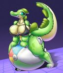  alligator alligatorid anthro ball beach_ball big_breasts bikini black_bikini black_clothing black_swimwear breasts clothing crocodilian female green_body green_eyes handles handles_on_hips handles_on_shoulders hi_res huge_breasts inflatable inflatable_toy multicolored_body nozzle pool_toy reptile scalie simple_background smile solo swimwear thick_thighs z_dragon 