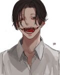  1boy brown_eyes brown_hair collared_shirt glasgow_smile highres kagoya1219 looking_at_viewer male_focus open_mouth original portrait shirt short_hair signature simple_background solo teeth tongue white_background white_shirt 
