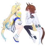  2girls absurdres agnes_tachyon_(umamusume) ahoge animal_ears bandolier black_pantyhose blonde_hair blue_eyes blue_hair brown_hair coat collared_shirt colored_inner_hair commentary_request cork ear_covers ear_ornament from_side gradient_hair head_rest high_heels highres horse_ears horse_girl horse_tail jacket lab_coat long_hair multicolored_hair multiple_girls neo_universe_(umamusume) pantyhose red_eyes shirt shoes simple_background single_ear_cover sitting sleeves_past_fingers sleeves_past_wrists sneakers staring sweater_vest tail test_tube umamusume very_long_hair very_long_sleeves watou white_background white_coat white_footwear white_jacket yellow_sweater_vest 