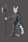  5_fingers anthro armor biped black-kitten dragon female fingers halberd hi_res holding_object holding_weapon horn melee_weapon polearm scalie simple_background solo tail weapon 