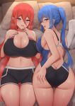  2girls alyssa_(specktech) ass ass_grab black_one-piece_swimsuit blue_eyes blue_hair blue_one-piece_swimsuit blush breasts cleavage commentary commission competition_swimsuit crop_top english_commentary grabbing_own_ass large_breasts long_hair looking_at_viewer looking_back lying marina_(specktech) multiple_girls navel on_back one-piece_swimsuit open_mouth original pointy_ears ponytail red_hair ryakusun second-party_source skeb_commission sports_bra sportswear sweat swimsuit two-tone_one-piece_swimsuit 