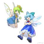  2girls aqua_bow arm_up ascot blue_eyes blue_hair blue_shorts bomb_item_(touhou) bow chinese_commentary cirno commentary_request crossed_arms daiyousei dress green_eyes green_hair hair_bow hair_ribbon highres mary_janes multiple_girls open_mouth pantyhose phagic pinafore_dress puffy_short_sleeves puffy_sleeves ribbon shirt shoes short_hair short_sleeves shorts side_ponytail simple_background sleeveless sleeveless_dress smile socks touhou weibo_username white_background white_pantyhose white_shirt white_socks wings yellow_ascot yellow_ribbon 