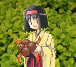  1girl black_hair commentary_request erika_(pokemon) eyelashes gloom_(pokemon) grey_eyes hairband hakama hakama_skirt high-waist_skirt holding holding_pokemon japanese_clothes kimono long_sleeves looking_down medium_hair pink_hairband pokemon pokemon_(creature) pokemon_(game) pokemon_rgby red_hakama retro_artstyle sawa_(soranosawa) skirt smile wide_sleeves yellow_kimono 