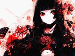  1girl black_hair blunt_bangs bug butterfly closed_mouth enma_ai flower hair_flower hair_ornament hime_cut jigoku_shoujo long_hair looking_at_viewer red_eyes red_flower red_spider_lily solo spider_lily unf_(unotfound_404) upper_body 