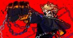  absurdres animal_ears axel_syrios blonde_hair blood blood_on_face blood_on_hands blue_eyes chain clenched_hand dog_ears gloves highres holoboisart holostars holostars_english jacket looking_at_viewer multicolored_hair raised_fist red_background 