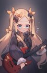  1girl abigail_williams_(fate) black_bow black_dress blonde_hair blue_eyes blush bow breasts dress electric_guitar fate/grand_order fate_(series) forehead guitar hair_bow highres instrument long_hair long_sleeves looking_at_viewer miya_(miyaruta) open_mouth orange_bow parted_bangs ribbed_dress sidelocks small_breasts solo twintails 