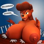  3d_(artwork) anthro areola bear big_breasts big_nipples breast_drop breasts brown_body brown_fur brown_hair carbiid3 contact_onomatopoeia digital_media_(artwork) disney emanata english_text fair_argument_(meme) female fur furniture hair heavy hi_res huge_breasts huge_nipples impact_onomatopoeia mammal nipples nude onomatopoeia open_mouth rebecca_cunningham smile solo sound_effects table talespin teeth text ursine watermark 