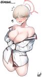  !? 1girl blonde_hair blue_archive blush bottomless breasts cowboy_shot ginseng_(xin) gloves halo highres jacket large_breasts long_sleeves marina_(blue_archive) military_uniform open_mouth short_hair solo unbuttoned unbuttoned_jacket uniform white_gloves white_jacket yellow_eyes 