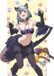  1girl :d animal_ear_fluff animal_ears bare_arms black_footwear black_hair black_pantyhose black_shorts bone_necklace boots breasts cerberus_(kemono_friends) cerberus_(kemono_friends)_(cosplay) character_request collar collarbone commentary cosplay elbow_gloves english_commentary feet_out_of_frame fingerless_gloves gloves gradient_hair grey_hair hat highres jack-o&#039;-lantern kemono_friends lucky_beast_(kemono_friends) micro_shorts multicolored_hair navel open_mouth pantyhose short_hair shorts simple_background small_breasts smile solo spiked_collar spikes stomach strapless tail tanabe_(fueisei) thigh_strap tube_top witch_hat yellow_background yellow_eyes 