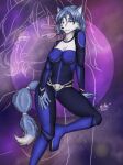  absurd_res anthro blue_body blue_fur blue_hair breasts canid canine cerinian clothing digital_media_(artwork) female fox fur hair hi_res jewelry krystal looking_at_viewer mammal necklace nintendo pinup pistacho pose simple_background smile smirk solo star_fox white_body white_fur 