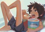  1boy barefoot big_hero_6 brown_eyes brown_hair child commentary_request food full_body hiro_hamada ice_cream lying male_focus on_back open_mouth painting_(medium) shiogochi short_hair shorts simple_background solo teeth traditional_media upper_teeth_only 